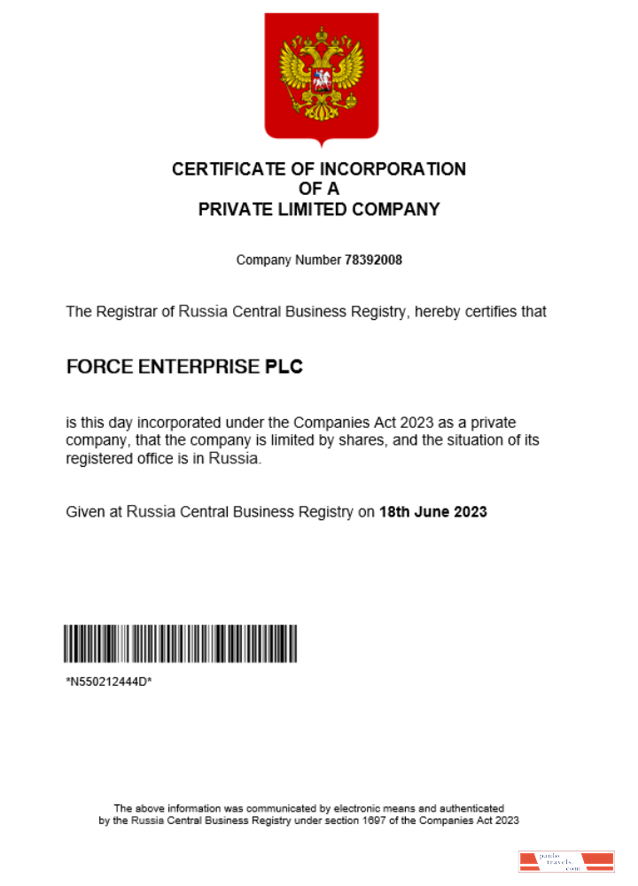 Russia business registration certificate Word and PDF template